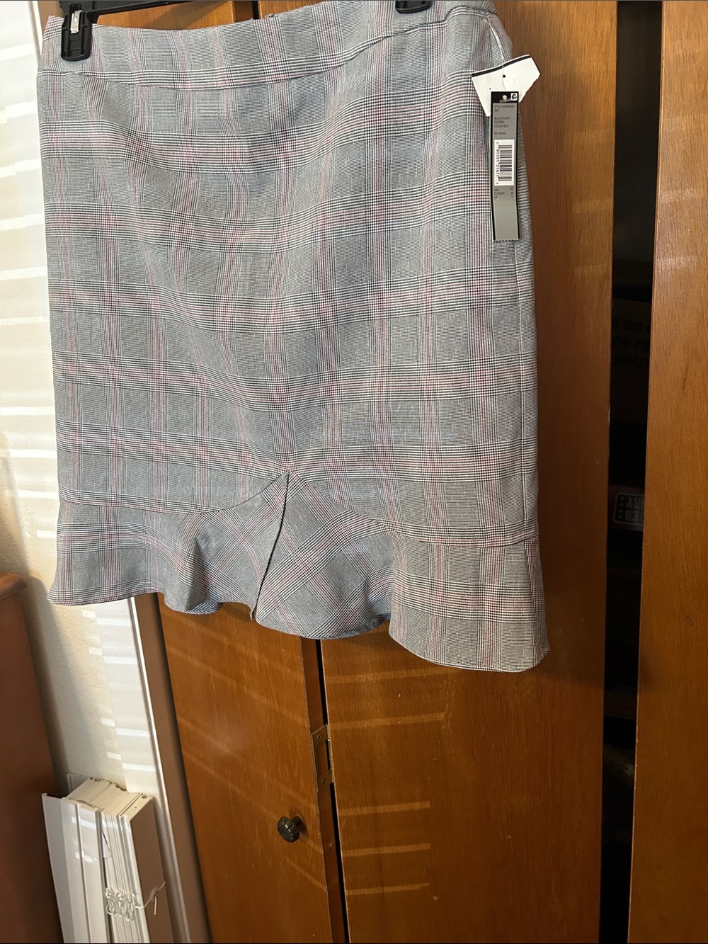 Tahari Gray Plaid Mini Skirt with Pink Windowpane Ruffle Hem